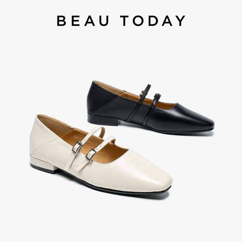 BeauToday新款浅口双绑带方头玛丽珍小皮鞋舒适休闲百搭