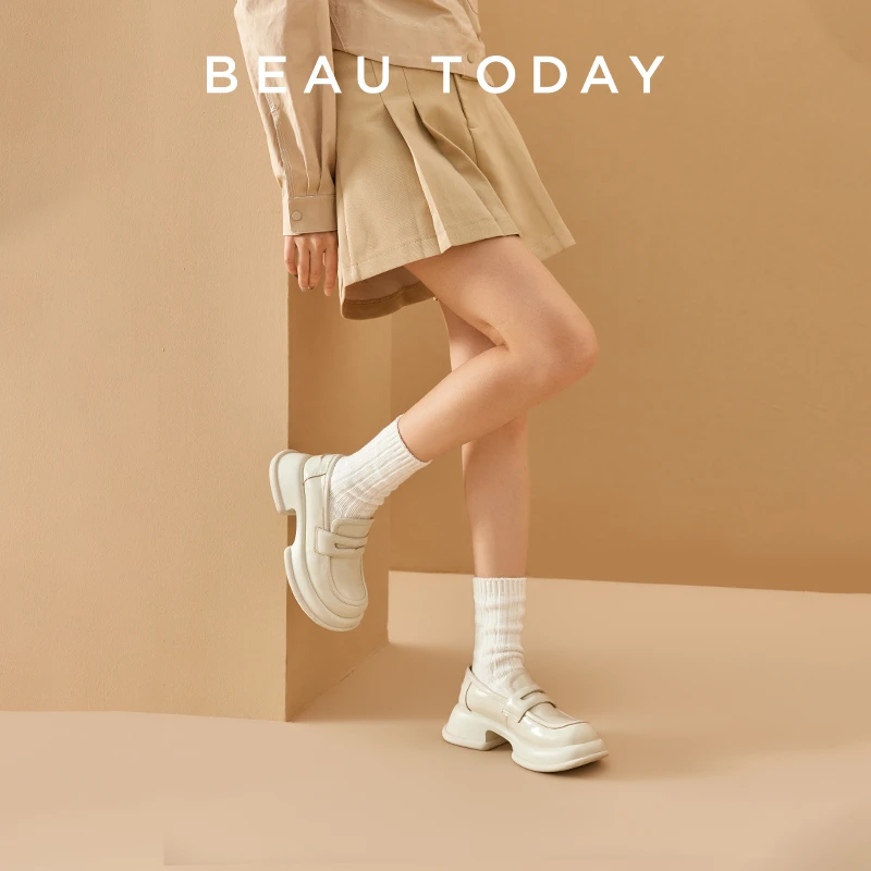 BeauToday BT新款秋季休闲鞋黑色复古真皮法式单鞋