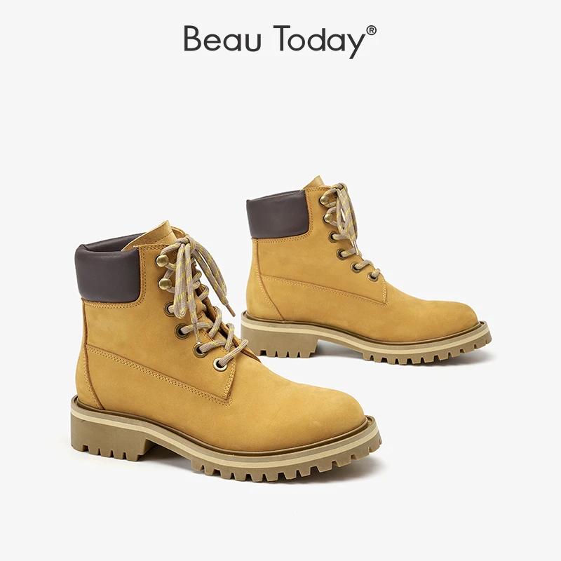 BeauToday厚底马丁靴女2023年新款冬季BT系带粗跟单靴真皮中筒靴