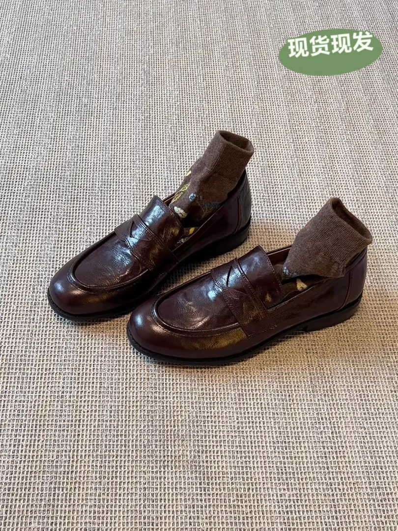 羊皮版~复古真皮一脚蹬懒人鞋女粗跟平底单鞋英伦风小皮鞋乐福鞋
