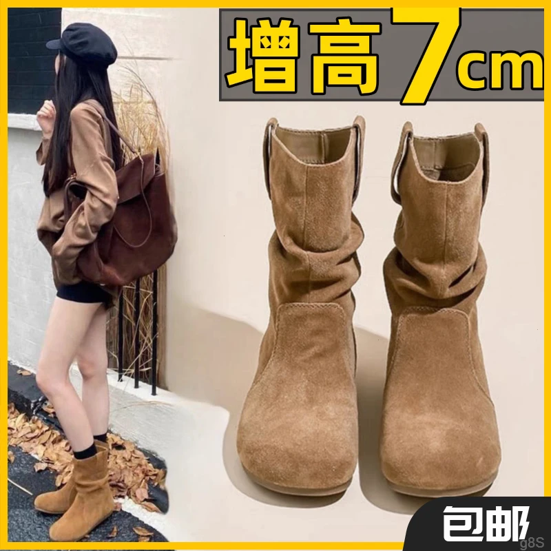 真皮网红复古加绒内增高勃肯马丁靴女2025秋季新款小个子棕色短靴