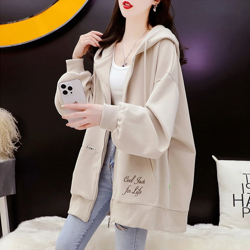 2025春秋新款韩版学生薄款刺绣卫衣女大码宽松拉链开衫连帽外套潮