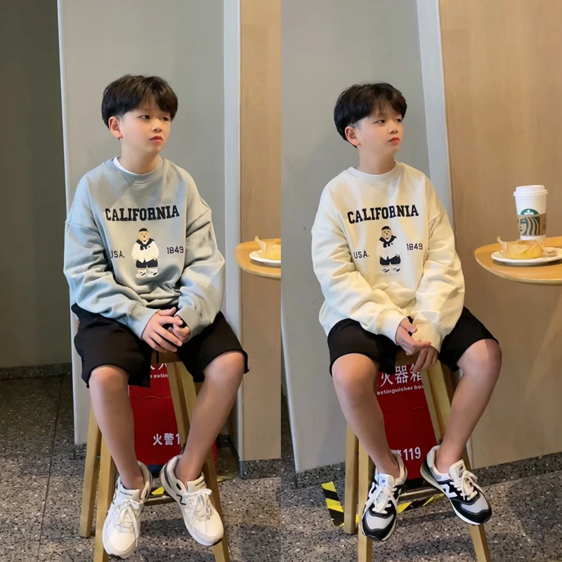 儿童卫衣春秋新款童装亲子装男童贴布绣花小熊毛圈小学生春装上衣