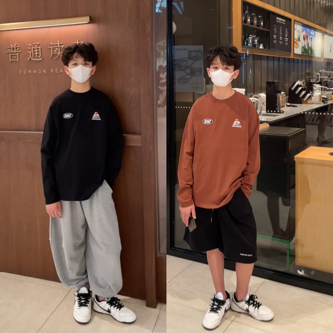 Y24047 男童长袖t恤纯棉新款童装亲子装儿童黑色红色大童男孩 A