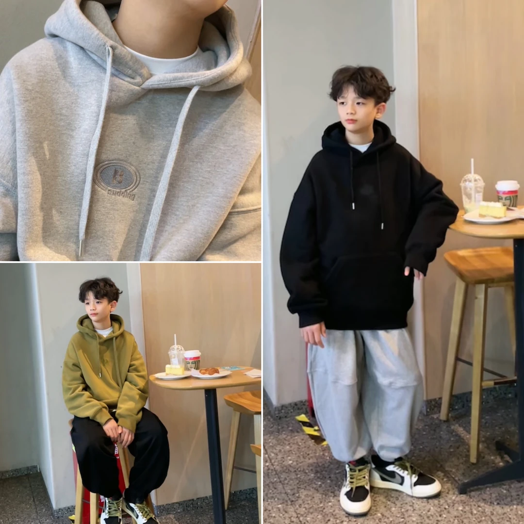 A 81016 男童加绒卫衣秋冬款连帽潮牌中大童加厚男孩冬装童装