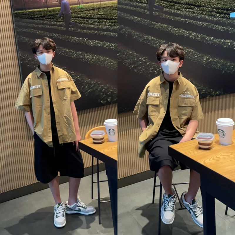 Y23100 男童衬衫短袖夏季新款童装亲子装儿童工装休闲衬衣 A