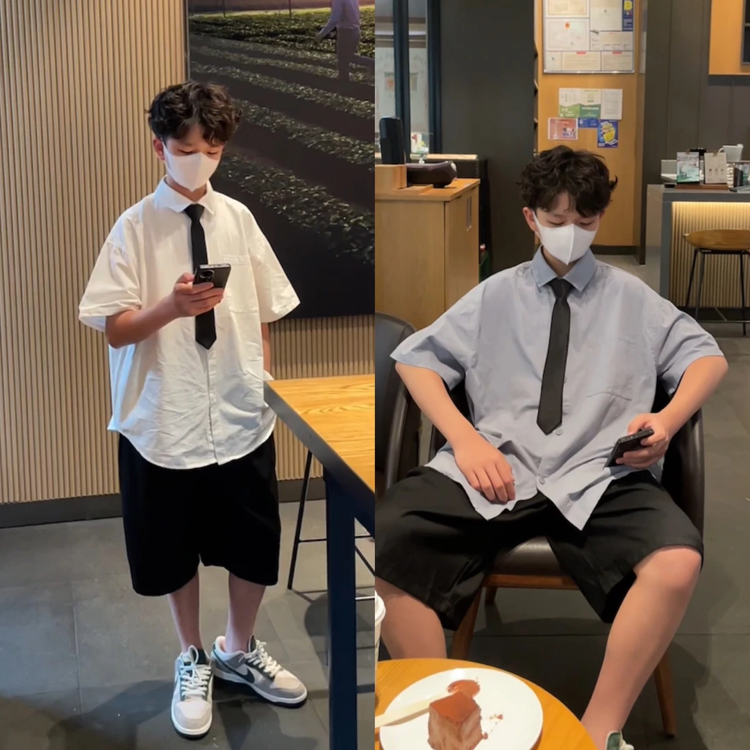 男童衬衣短袖纯棉夏季新款童装亲子装儿童白衬衫男孩宽松夏装上衣