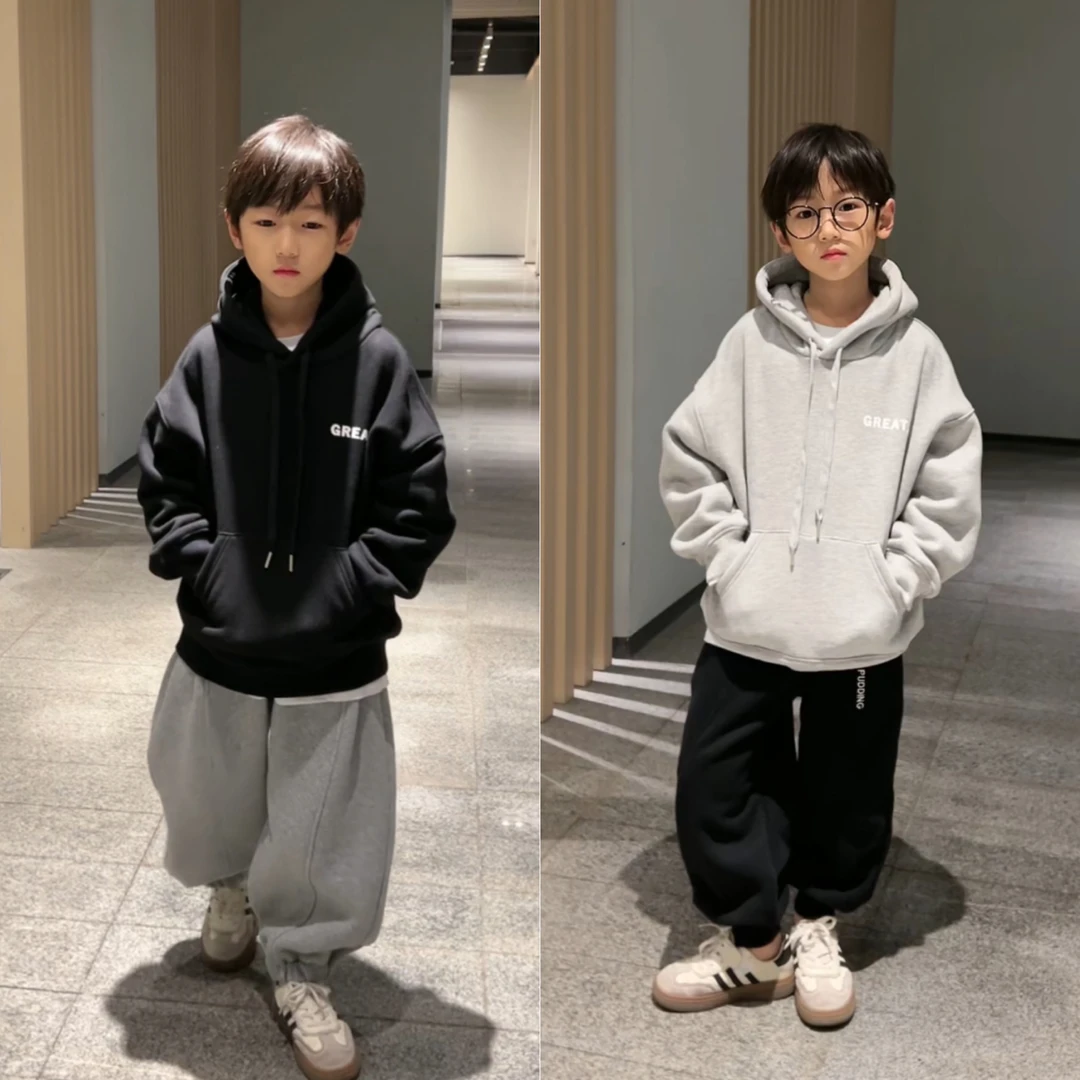 A 81007 男童加绒卫衣秋冬装新款中大童厚上衣男孩套头衫潮酷儿童