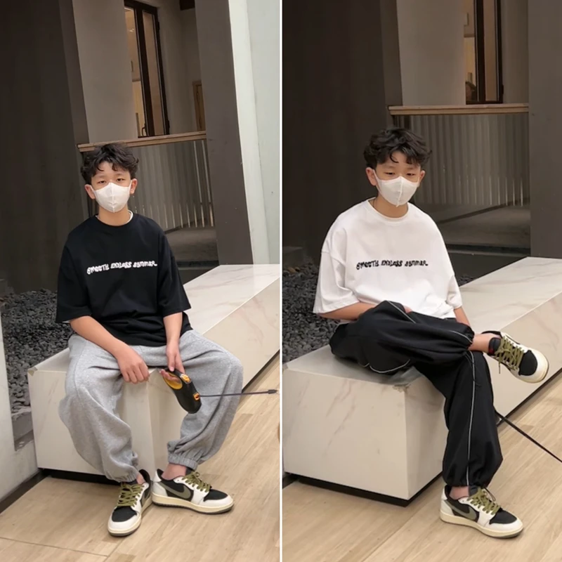 男童短袖t恤2024新款童装亲子装儿童中大童黑色白色纯棉春装上衣