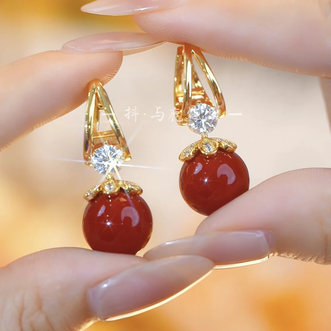 铜合金合成锆石耳饰 新款轻奢时尚红色系耳扣耳环