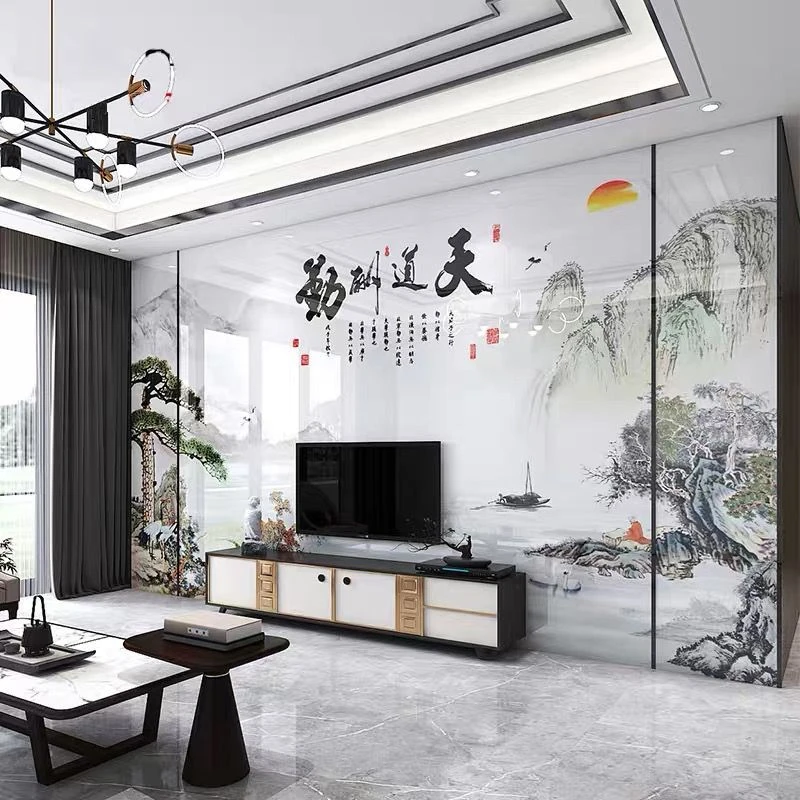 2023新款岩板电视背景墙石材微晶客厅简约现代新中式山水影视