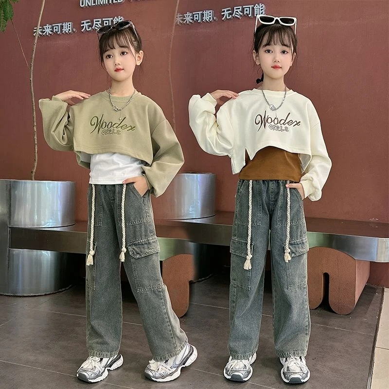女童套装秋款2023新款洋气女童卫衣背心牛仔工装裤两件套女孩秋装