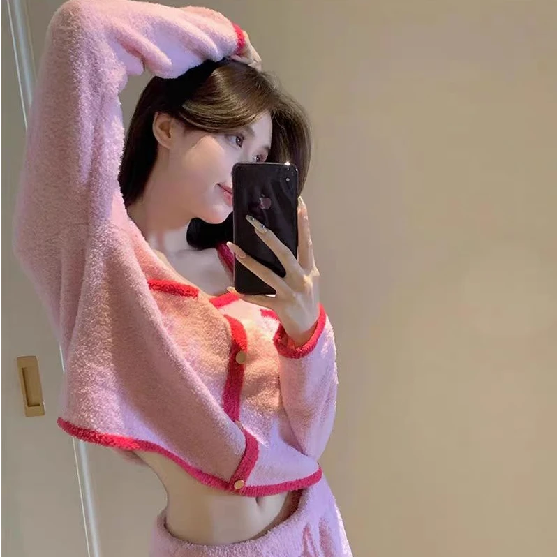 【芭比小香风】粉甜美半边绒睡衣时尚连帽学生毛绒加厚保暖秋冬冬季