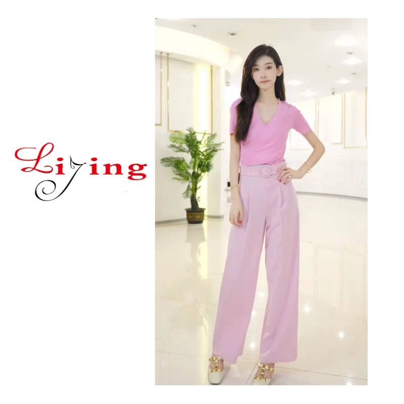LIJING/浅粉垂感高腰直筒裤女装阔腿裤显瘦6A03  DD