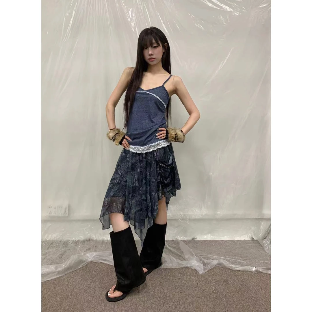 【jeong ill现现】蓝调流浪风不规则下摆网纱印花套装