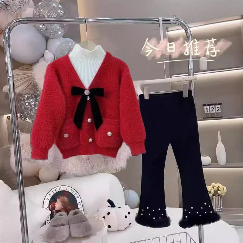 红色童装针织毛衣女童外套套装圣诞过年洋气儿童加厚保暖喇叭裤子