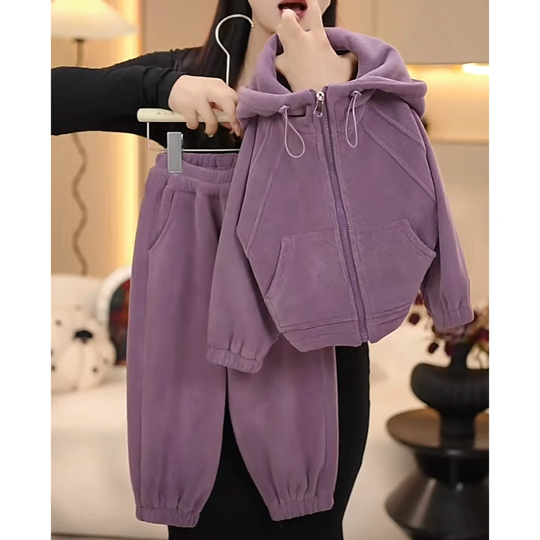 2024秋冬新款儿童套装韩版纯色宽松连帽卫衣卫裤加绒两件套休闲潮