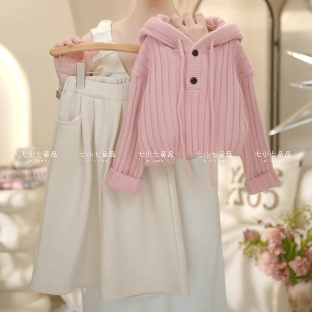 2025秋冬儿童针织毛衣两件套潮新款韩版女孩休闲时尚连帽女童套装