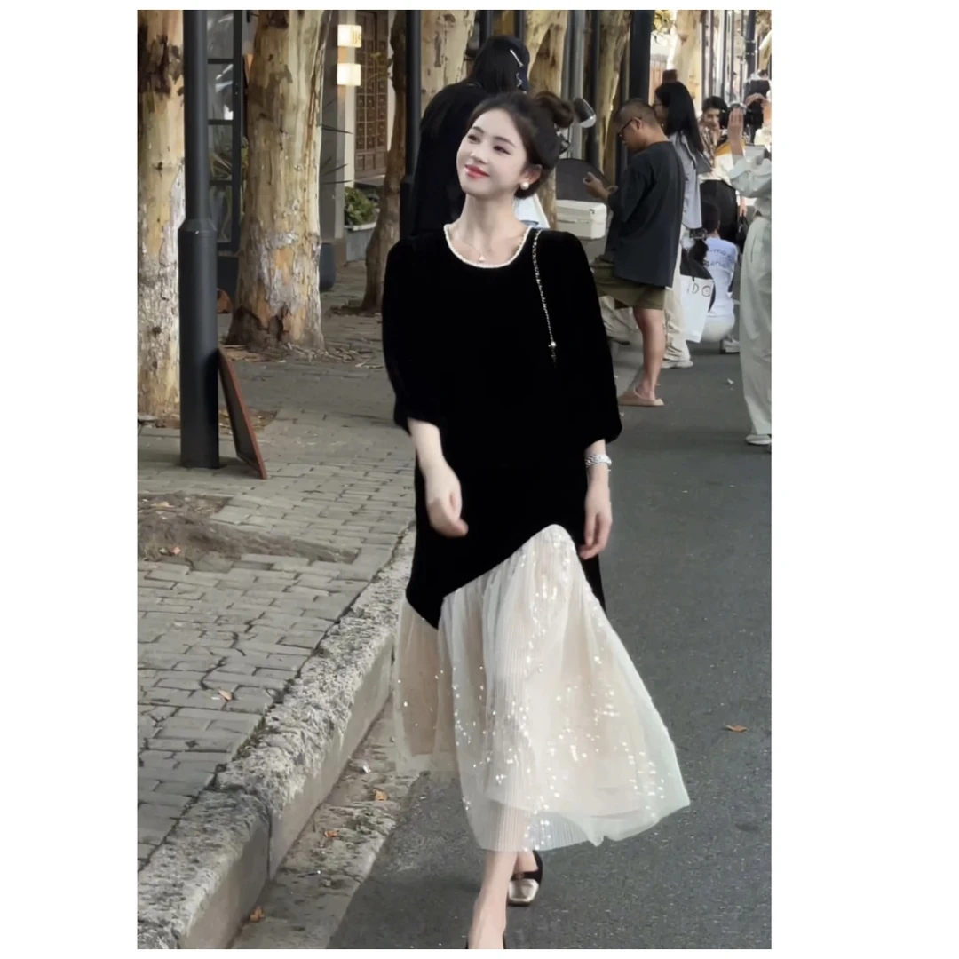 【大只 】钻石星空 2024秋季新款设计感小众拼接亮片气质显瘦连衣裙