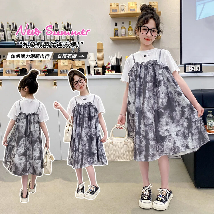 【安娜粉丝专属】新款儿童洋气水墨画假两件裙子女孩夏季吊带裙