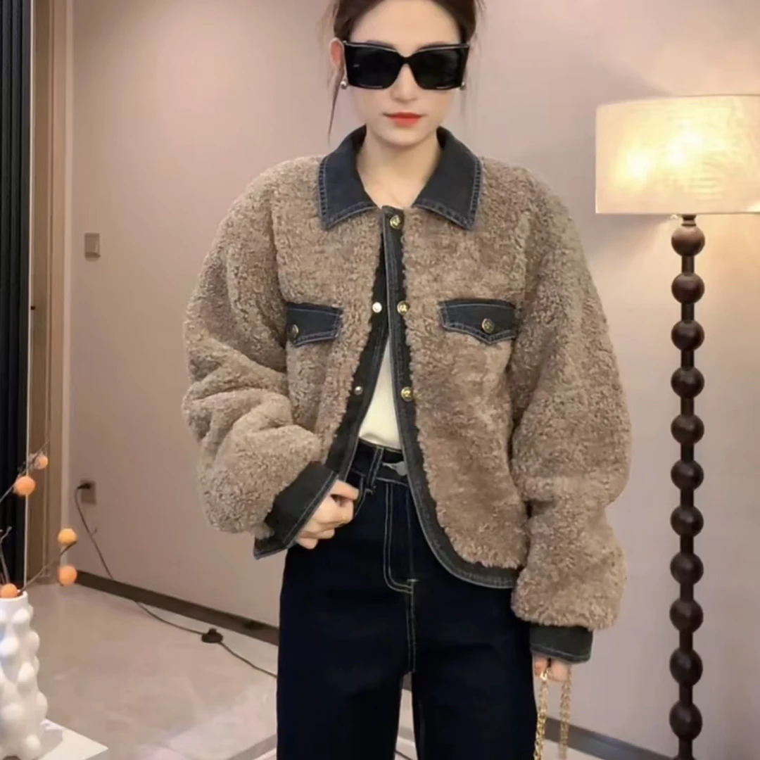 【牛仔毛毛衣】冬季牛仔拼接毛毛短款欧货小个子外套小香风5117