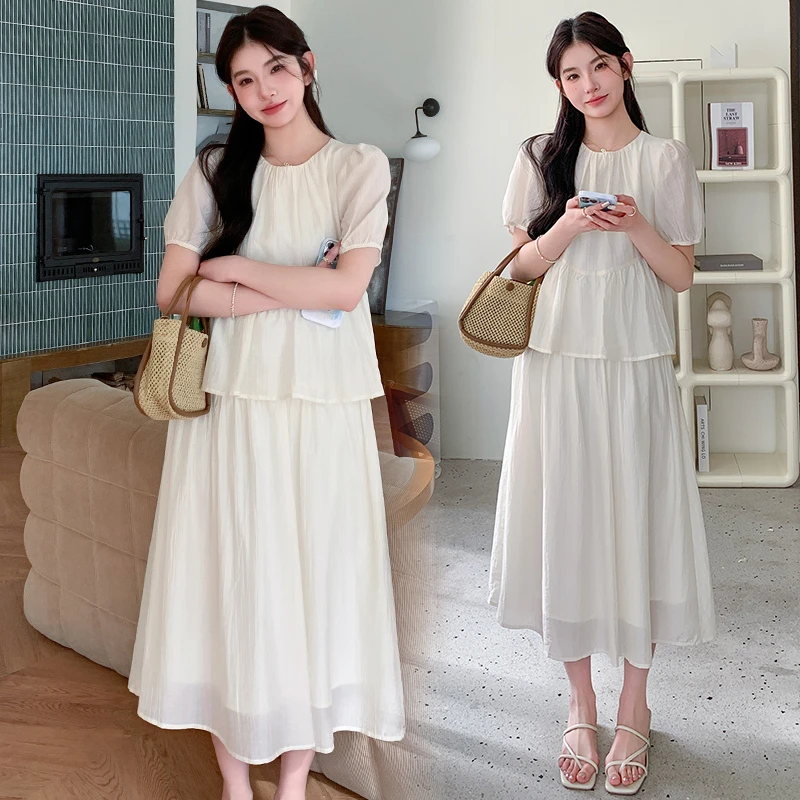 小个子时尚2024新款气质夏季设计感假两件拼接短袖宽松连衣裙孕妇