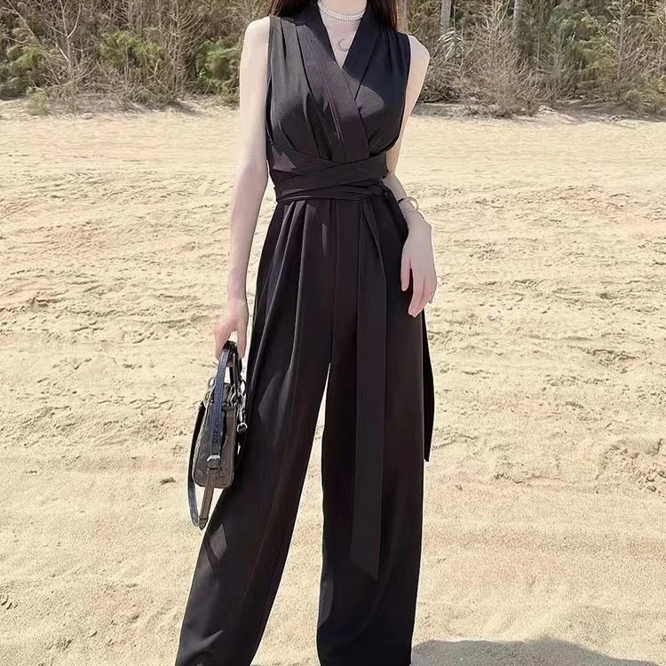 丁达尔时尚新款气质无袖绑带V领垂感收腰显瘦修身连体阔腿裤女夏