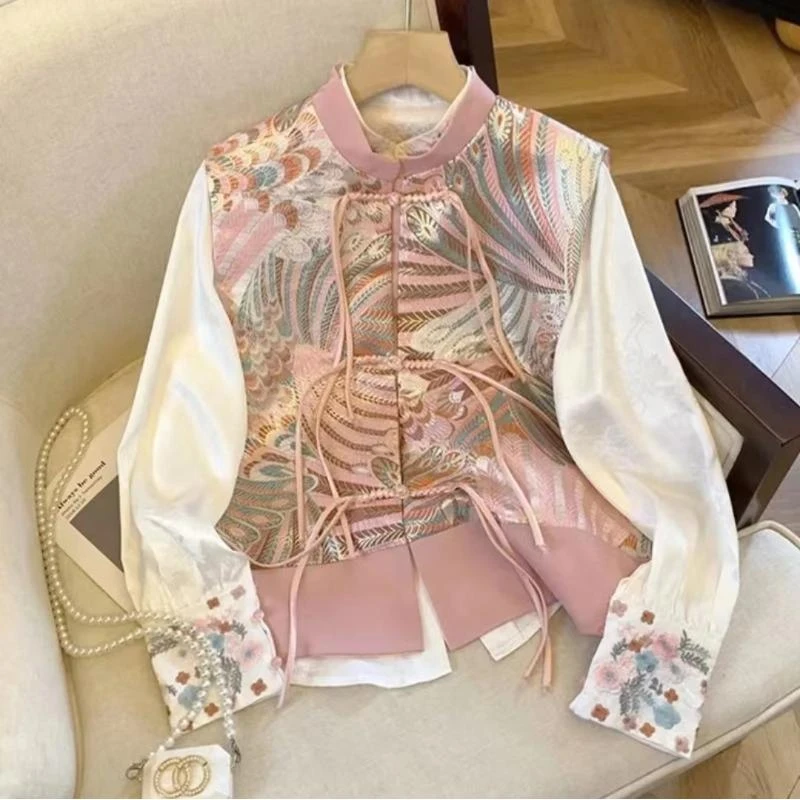 2024民族风国风马甲女缎面拼接新中式国风绣花流苏盘扣马夹复古印