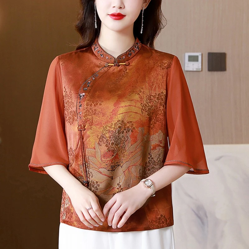 夏季新款刺绣牡丹花小衫气质衬衫上衣中年妈妈装复古立领旗袍衫女