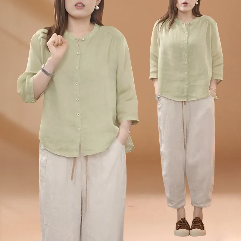 2024春秋季新款轻薄透气大码纯色衬衫女文艺宽松百搭单排扣立领上