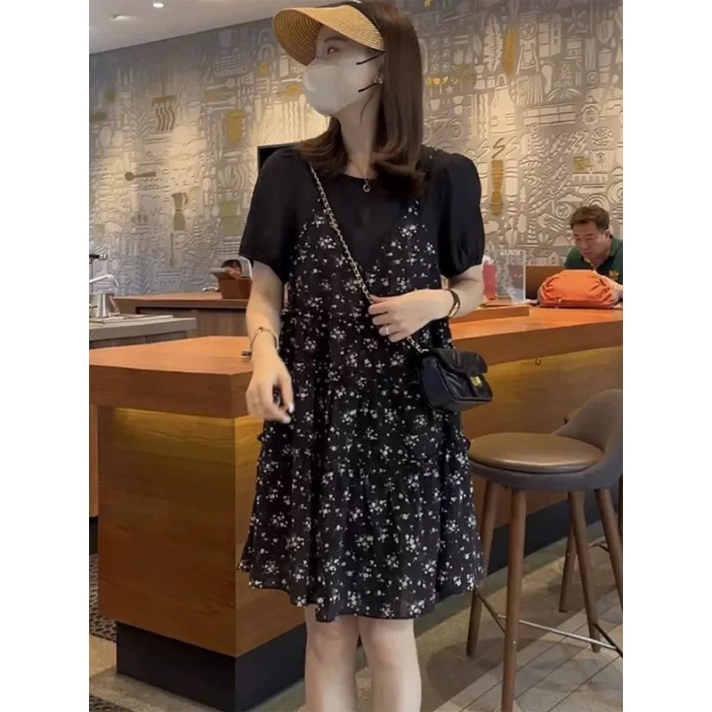 2023夏季新款法式高级感小个子减龄碎花泡泡袖假两件吊带连衣裙女