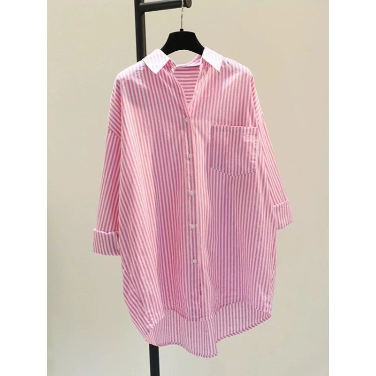 2024韩版粉色竖条纹中长款衬衣裙女早新款宽松休闲衬衫薄外套潮