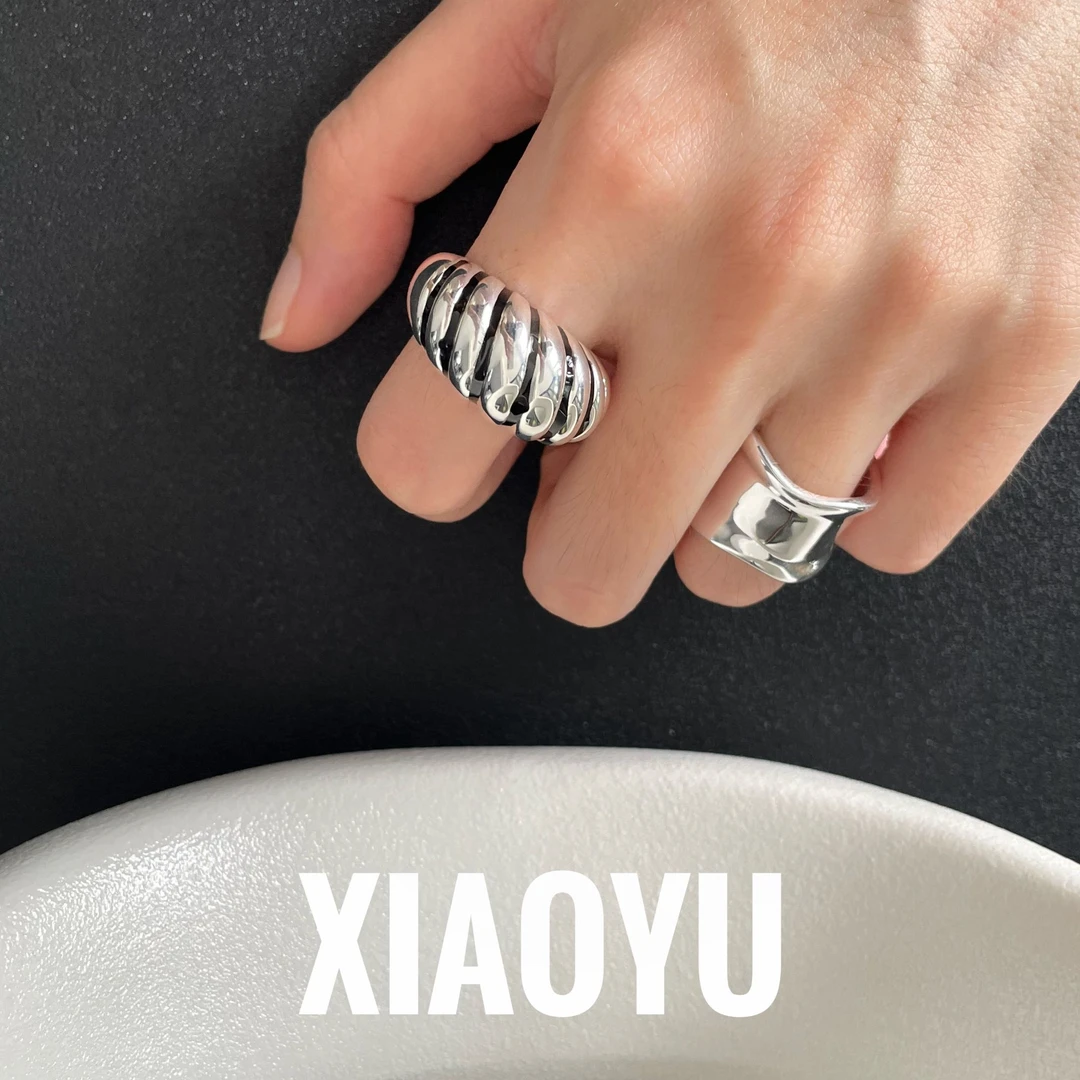 925银戒指 牛角包戒指女重工个性简约冷淡风麻花开口可调节食指戒