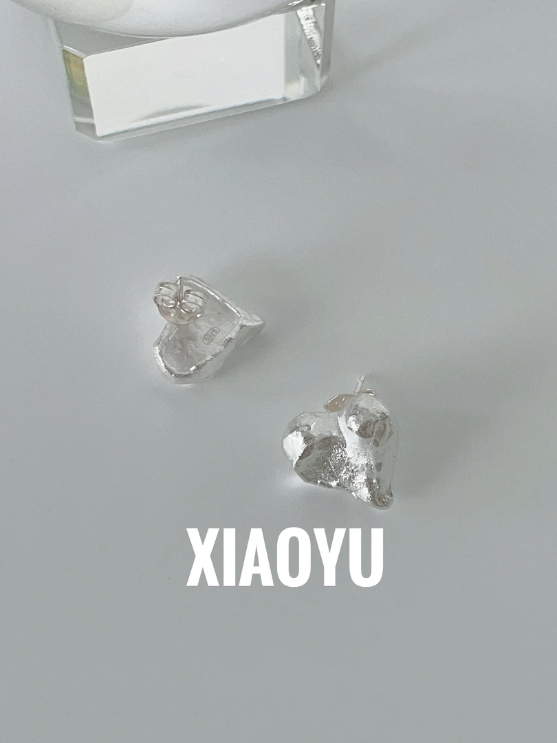 925银耳饰 s925纯银不规则手工熔岩爱心耳钉气质耳饰甜酷减龄