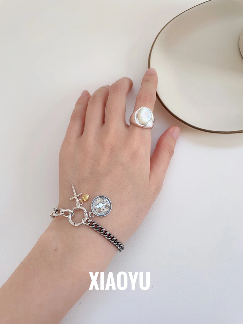 925银手链 韩单复古女王圆牌十字架手链做旧坦拼接克链O字链爱心