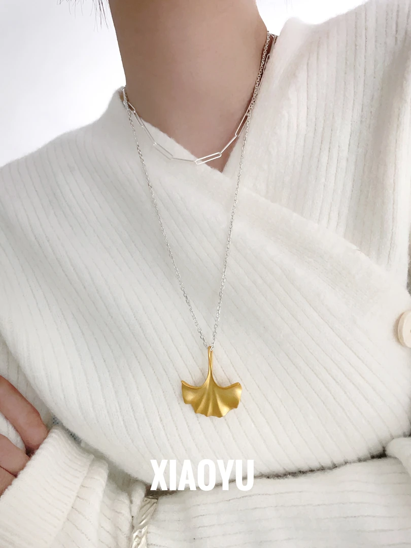 吊坠925银 原创【银杏】公孙树叶子金色银杏叶吊坠高级银项链