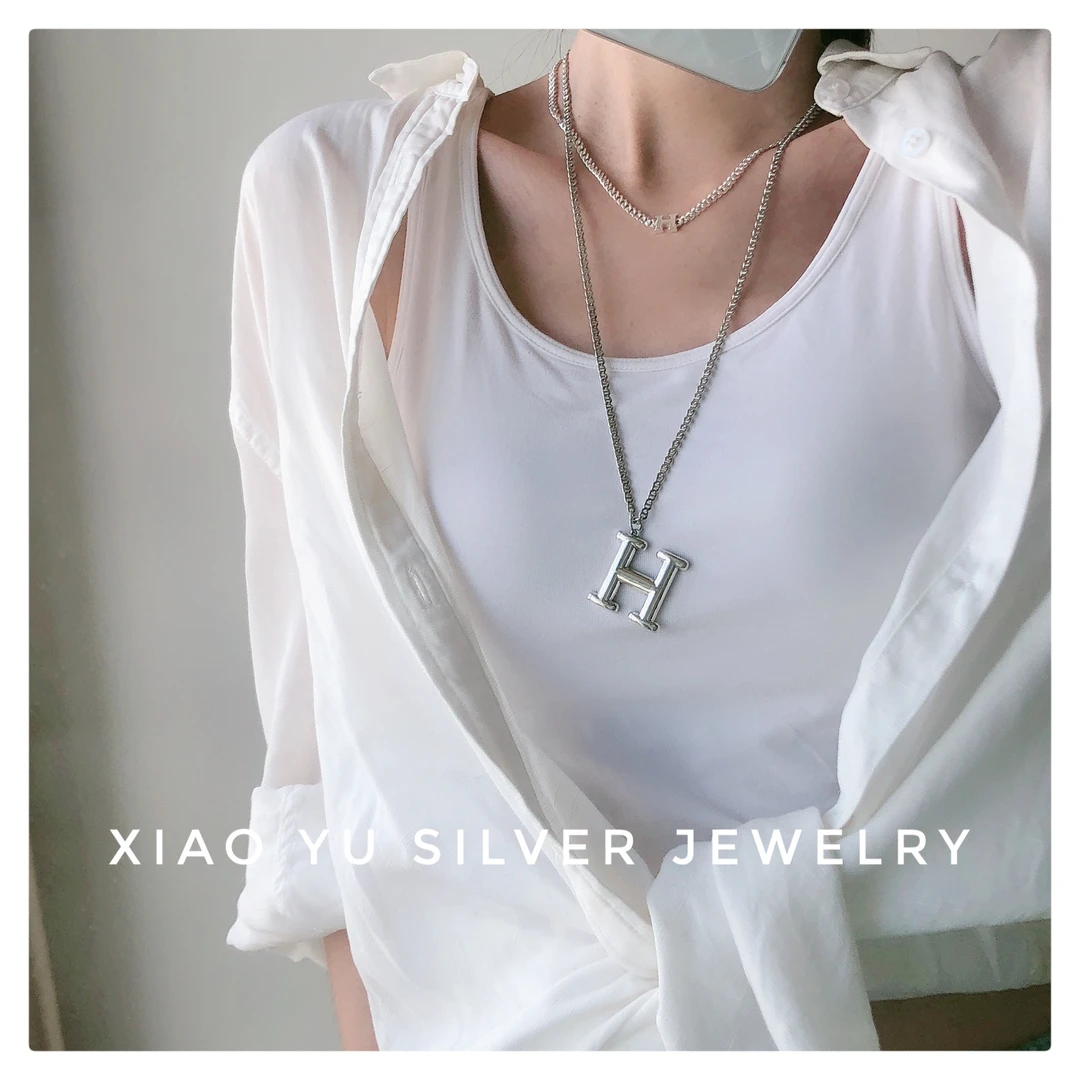 坠链均925银 925纯银大H字母休闲时尚韩国毛衣猪鼻链嘻哈男女休闲