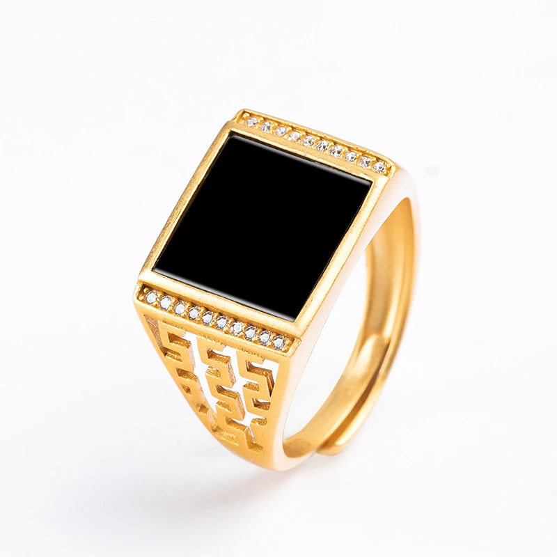 天然翡翠A货S925银镶墨翠男戒镶嵌指环男士银戒简约可调节霸气