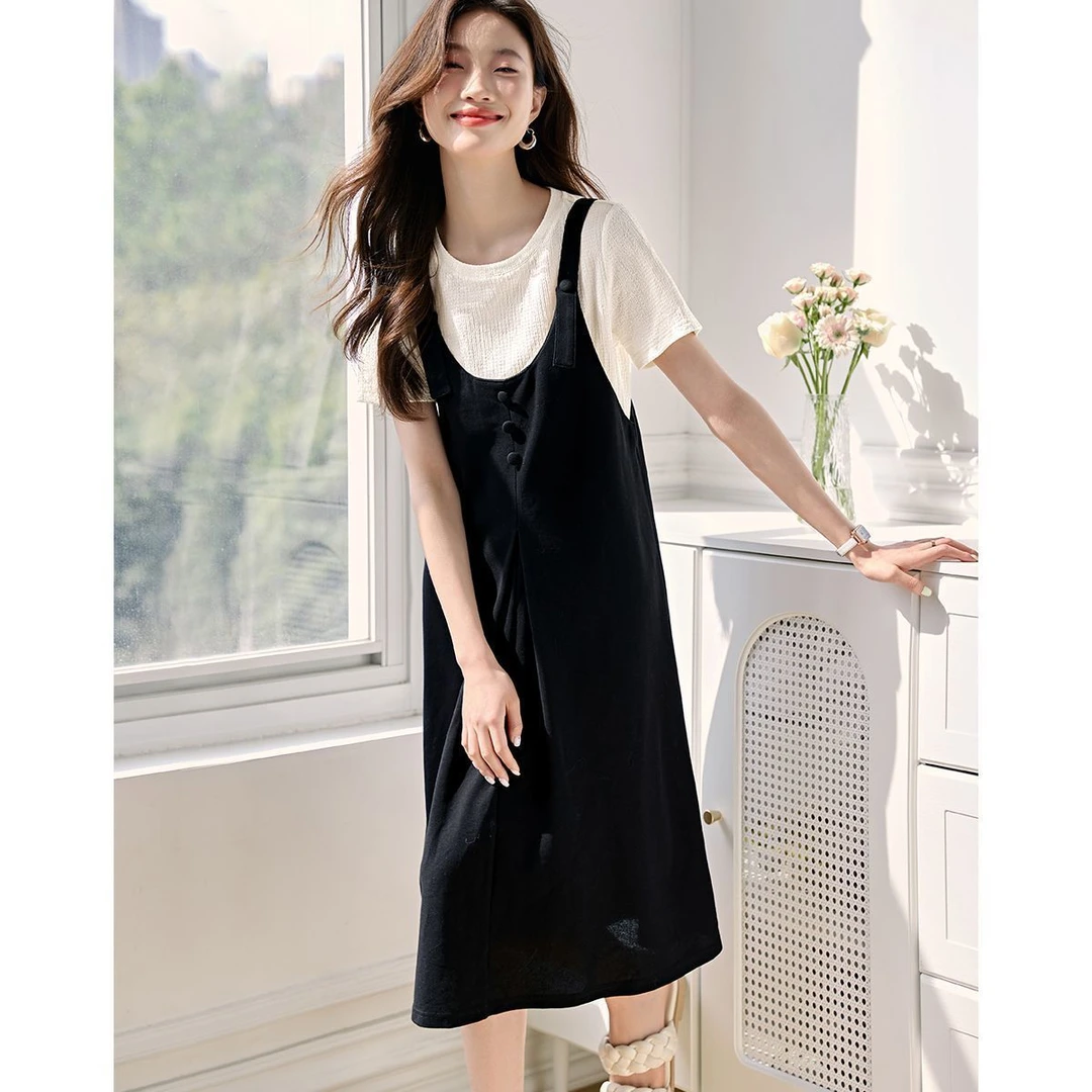 洋气韩版夏季减龄套装背带裙女夏装设计感宽松压褶显瘦休闲两件套