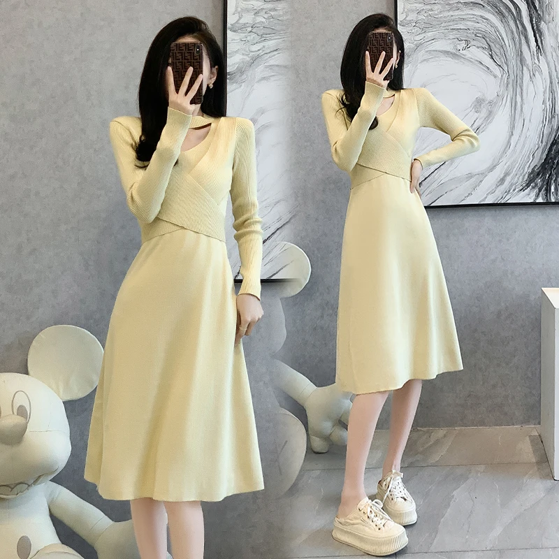 时尚法式长袖针织连衣裙女秋冬中长款气质修身显瘦名媛内搭打底裙