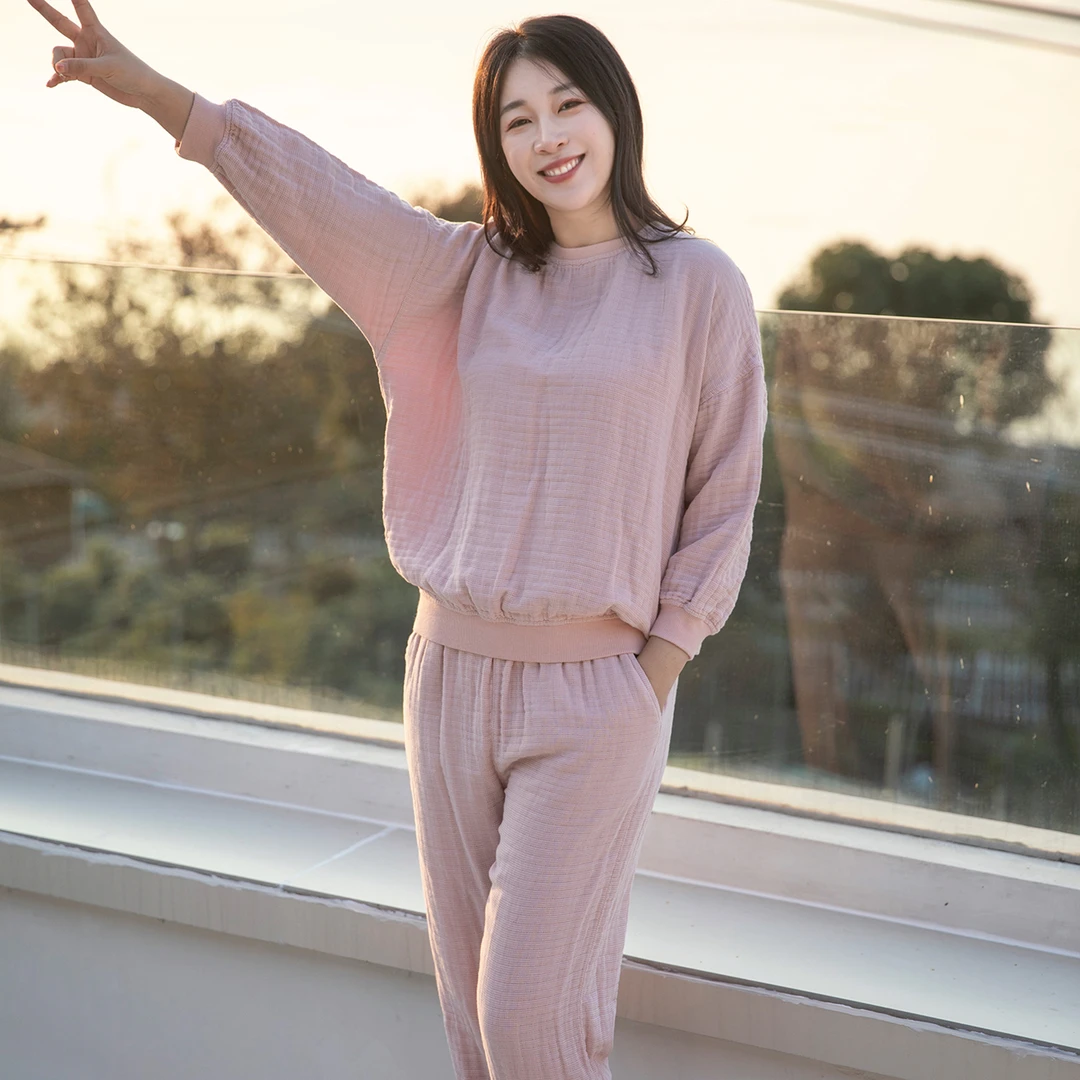 宜色家春秋纯棉四层纱卫衣柔软宽松爆款情侣长袖家居服睡衣套装sp