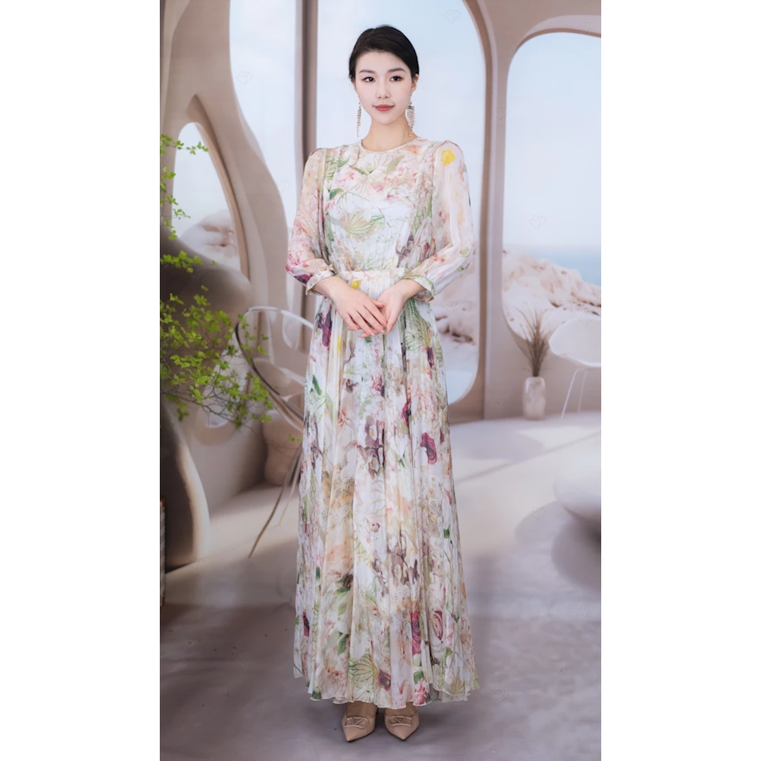 【娜紫服饰】高端桑蚕丝玫瑰花减龄印花气质碎花时尚高端优雅连衣裙