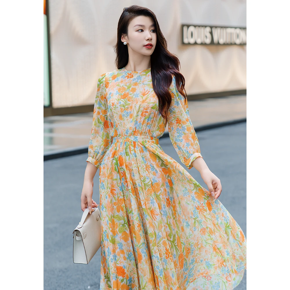 【娜紫服饰】法式碎花小清新桑蚕丝连衣裙收腰气质显瘦A字裙240420