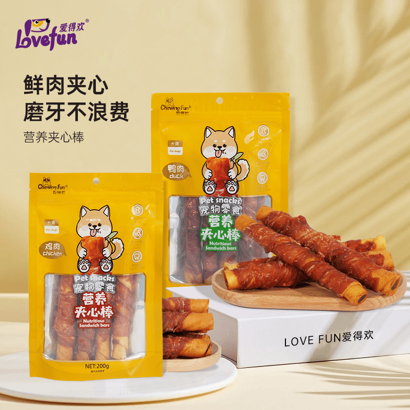 LOVE FUN爱得欢狗狗磨牙棒耐咬大中小型犬营养鲜肉夹心牛皮卷零食