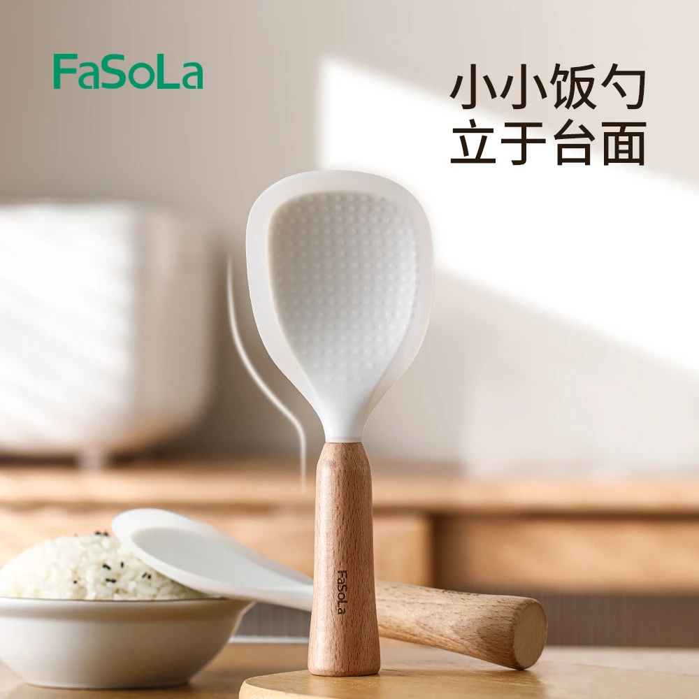 家用实木可立硅胶防粘饭勺厨房耐高温榉木防烫不伤涂层盛饭勺子