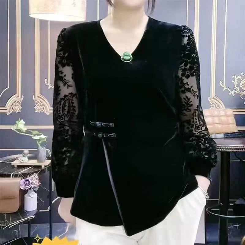 中年打底衫女2025年春秋i新款妈妈时尚气质长袖镂空丝绒小衫H008