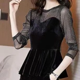 （80—180斤）丝绒亮丝拼接收腰显瘦上衣丝绒气质亮丝C001洋气