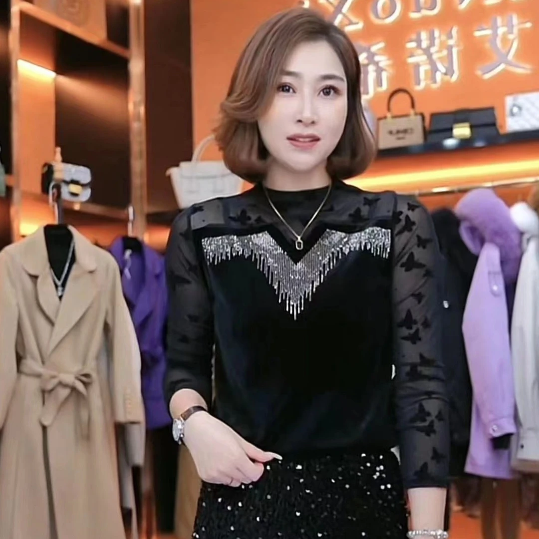 网纱丝绒上衣女2024春秋欧货拼接烫钻蕾丝网纱植绒小蝴蝶H003