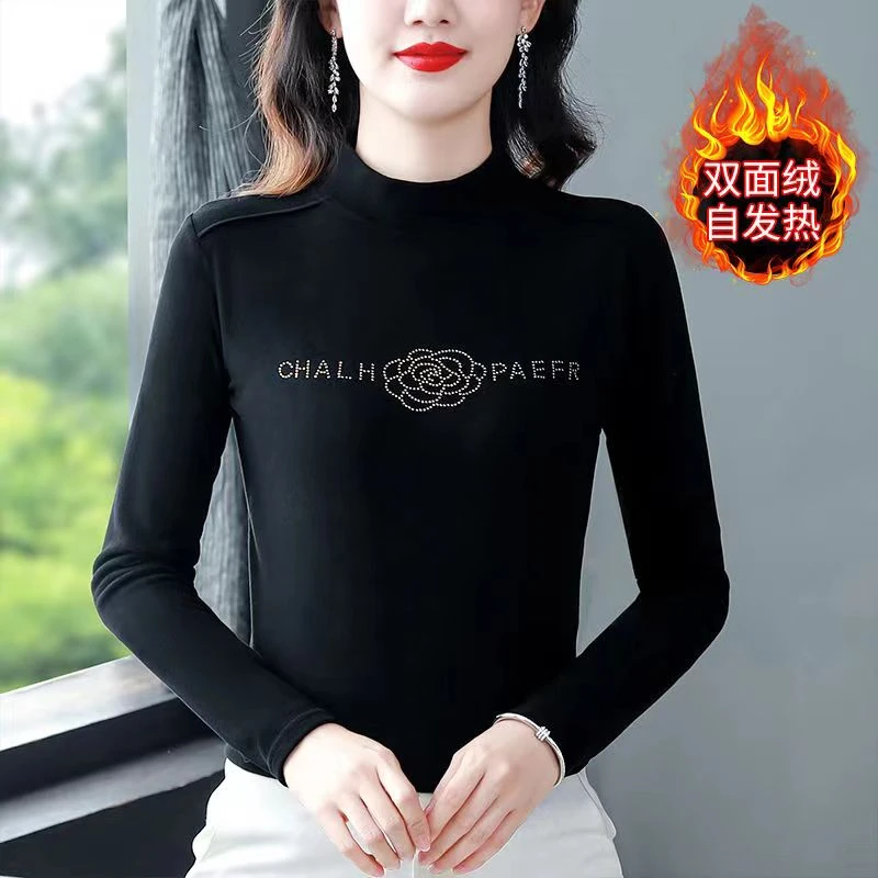加厚徳绒保暖T恤衫上衣女秋冬烫钻洋气半高领显瘦重工花朵字母