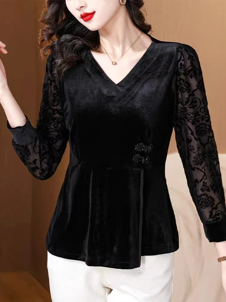 中年打底衫女2024年春秋i新款妈妈时尚气质长袖镂空丝绒小衫H006